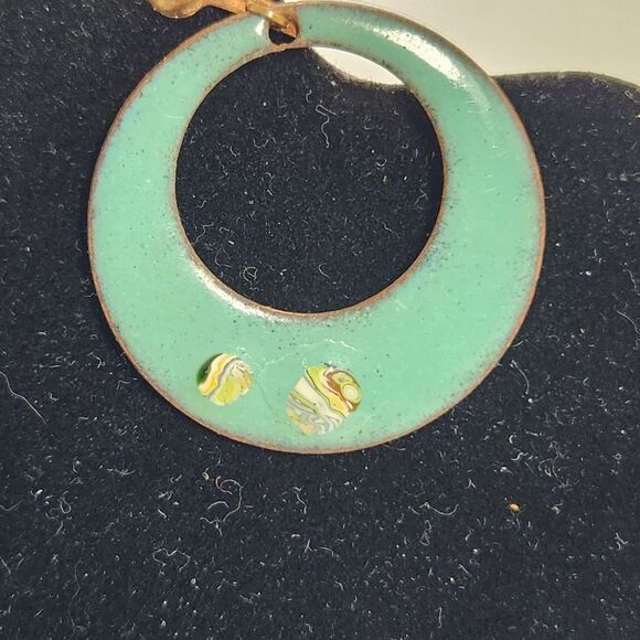 Retro OOAK Copper Enamel Clip On Earrings Moon Geometric Shape w Glass Frit MCM - Picture 6 of 10